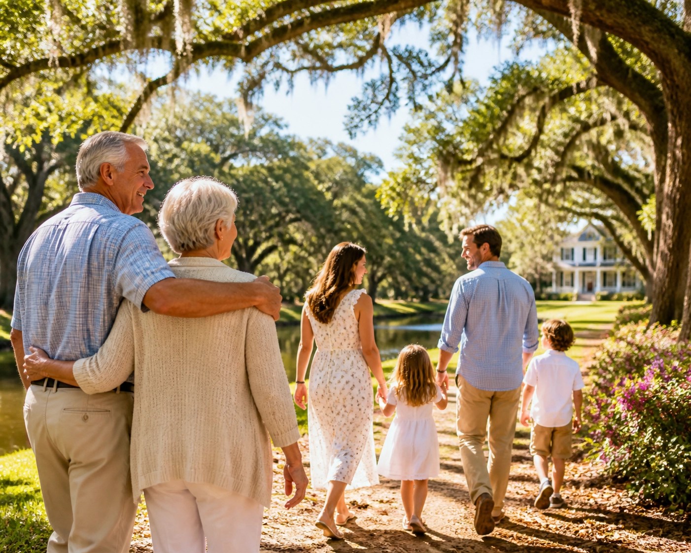 Multi-generational family enjoying a walk, reflecting peace of mind from financial planning.