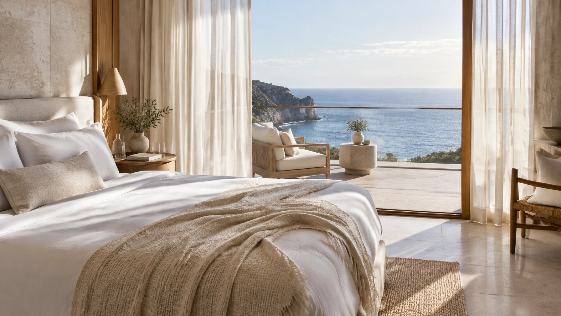 An elegant resort suite with crisp linens, soft morning light and an ocean-view balcony