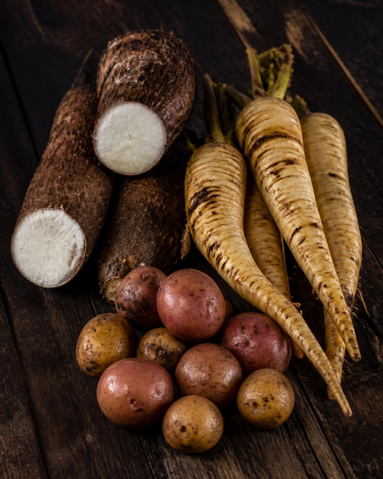 Fotografía de alta fidelidad de tubérculos andinos como yuca y arracacha sobre una mesa de madera