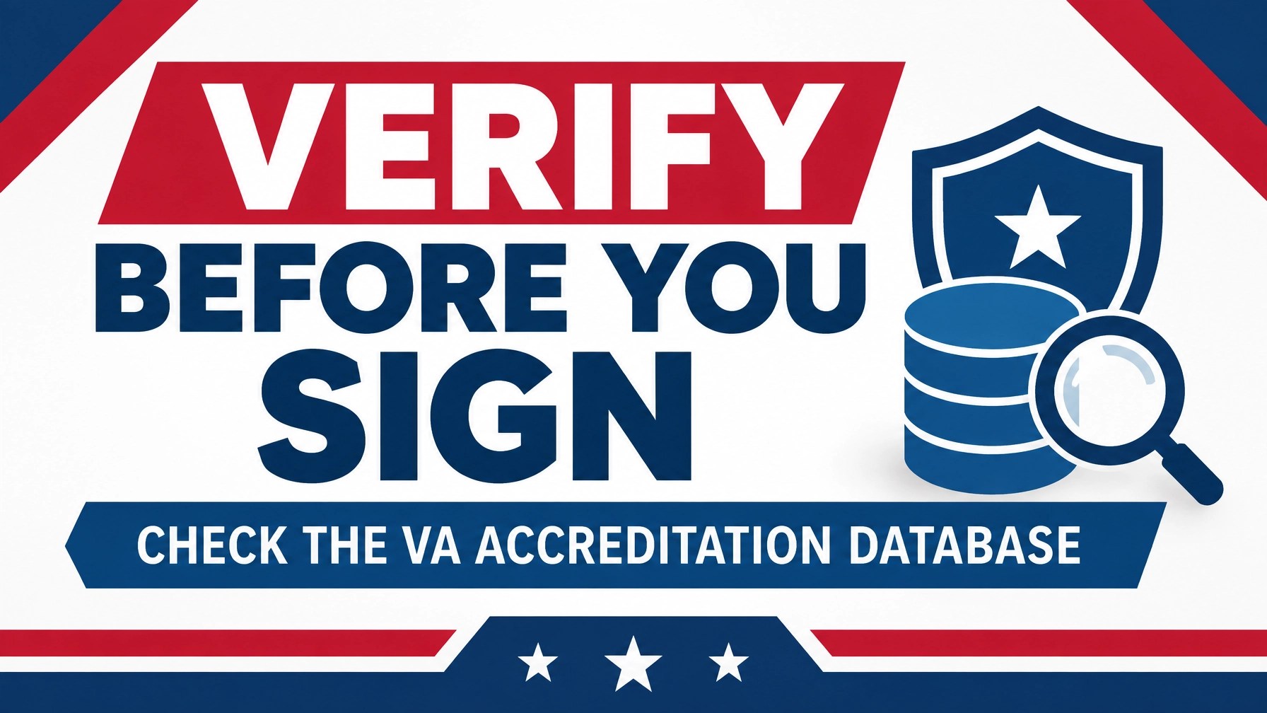 Shield with checkmark and official database search icon for verifying VA accreditation