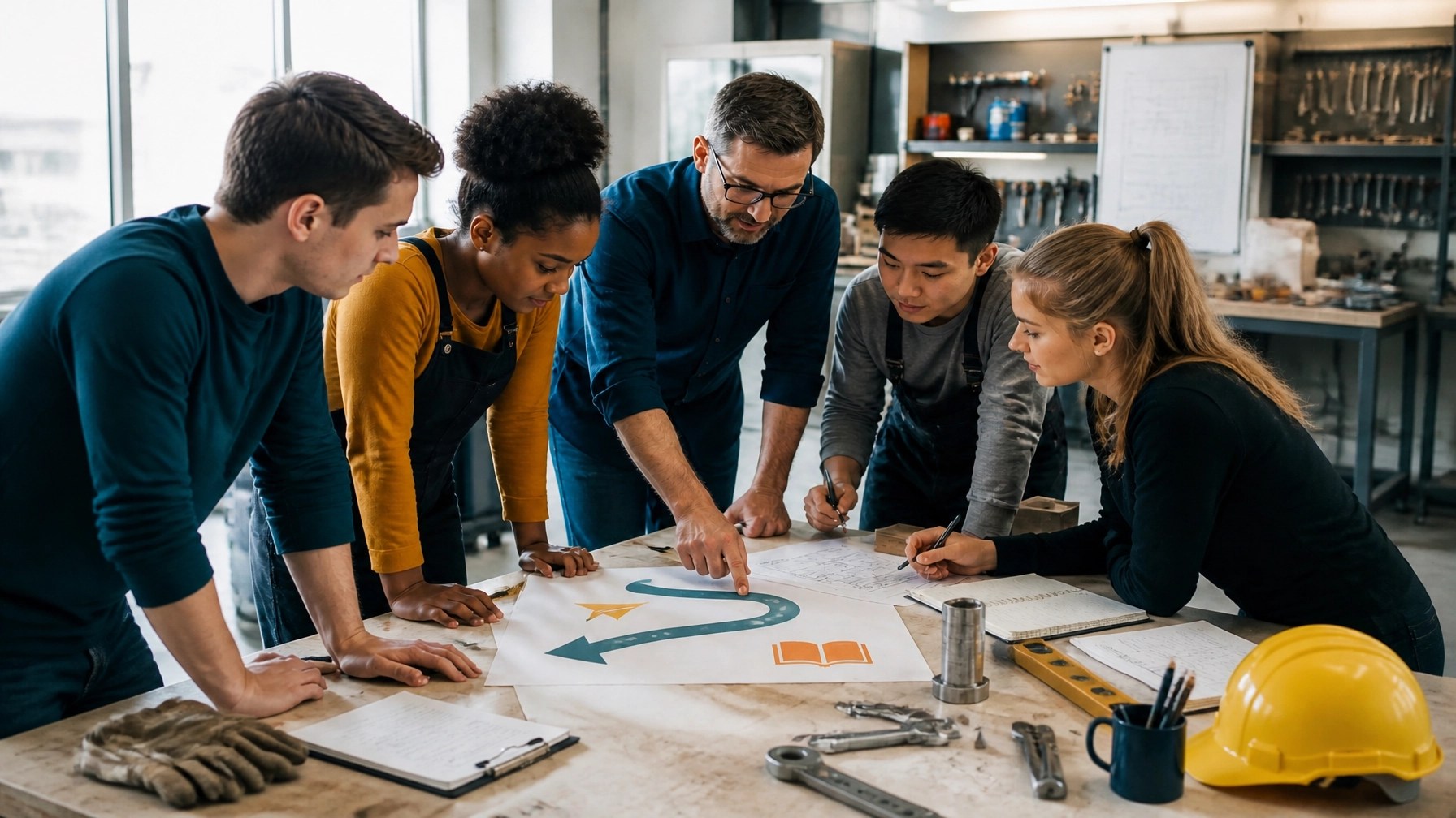 A diverse group of apprentices and a mentor collaborate around printed plans, tools, and notebooks in a modern training workshop