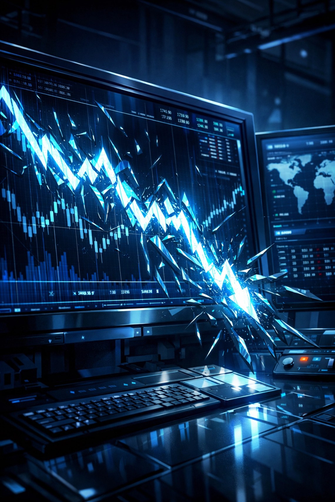 Financial terminal showing splintering stock market data reflecting global economic chaos and trade decoupling.