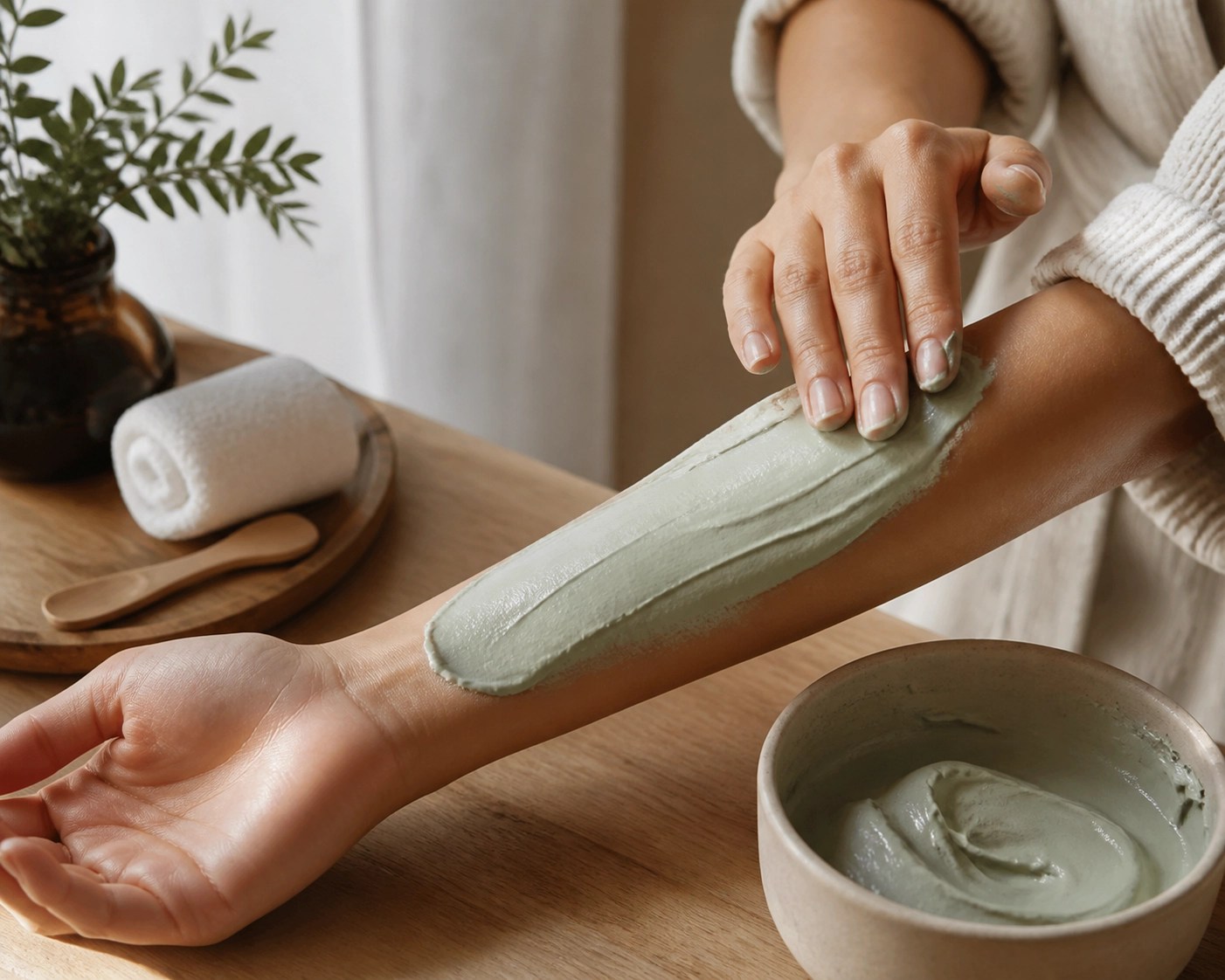 Applying a smooth layer of mineral-rich French green clay to the skin for natural detox and healing.