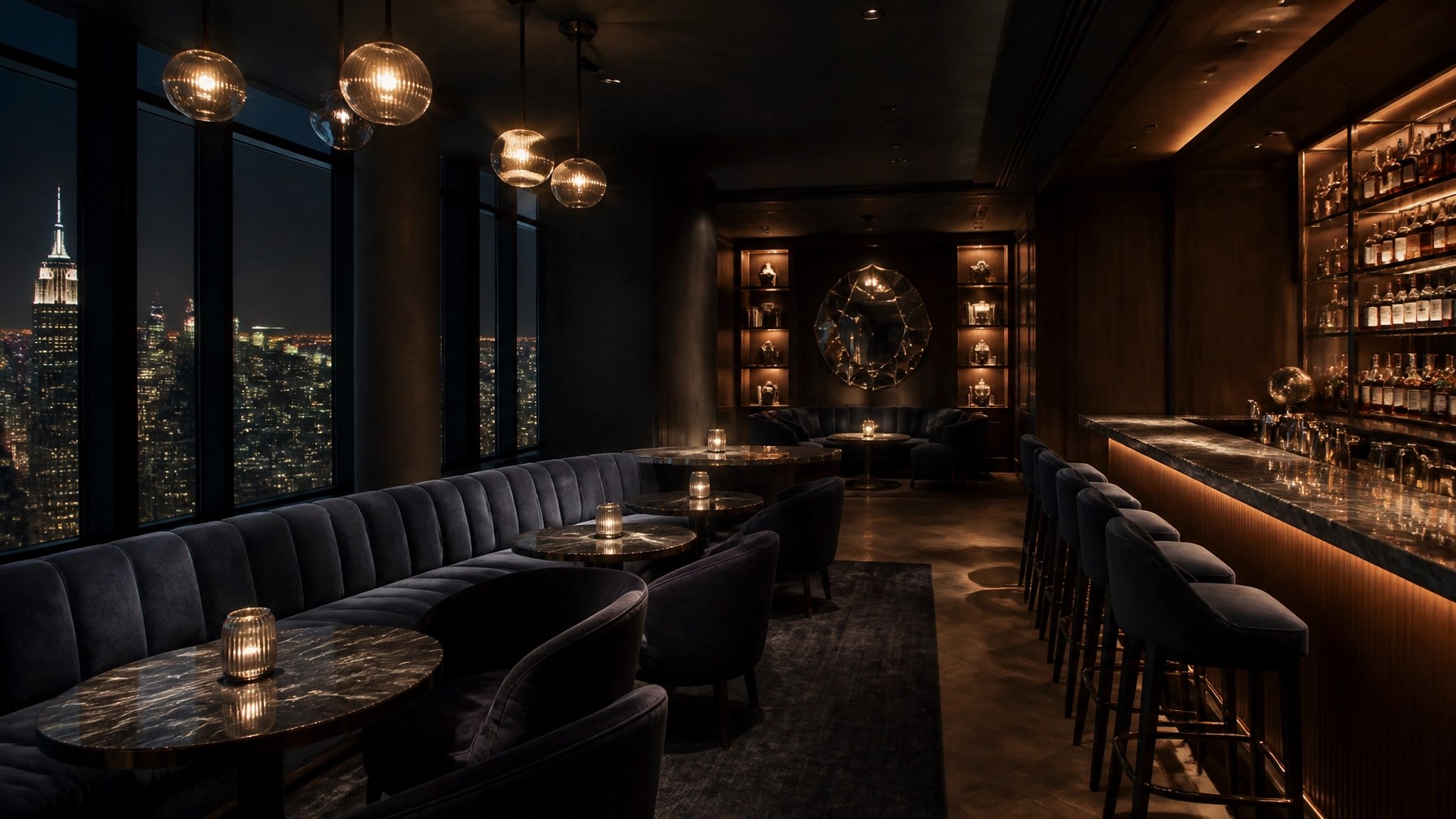 Elegant bar and lounge area featuring sophisticated mood lighting and high-end design accents