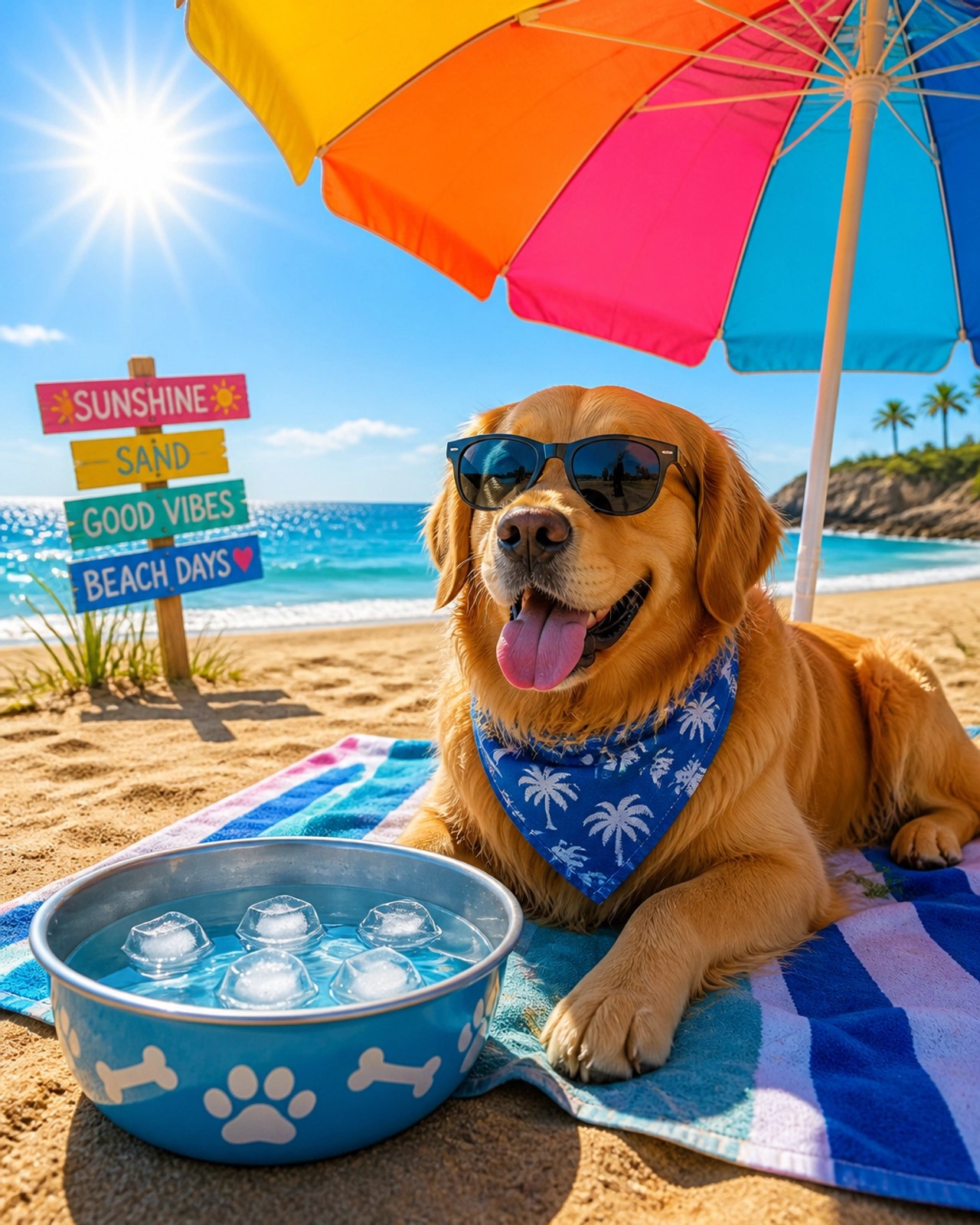 A dog drinking water in the shade under a beach umbrella
