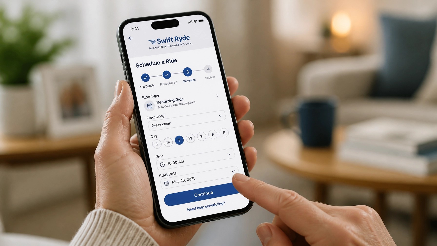 A caregiver using a mobile app to easily schedule recurring medical transportation for a loved one