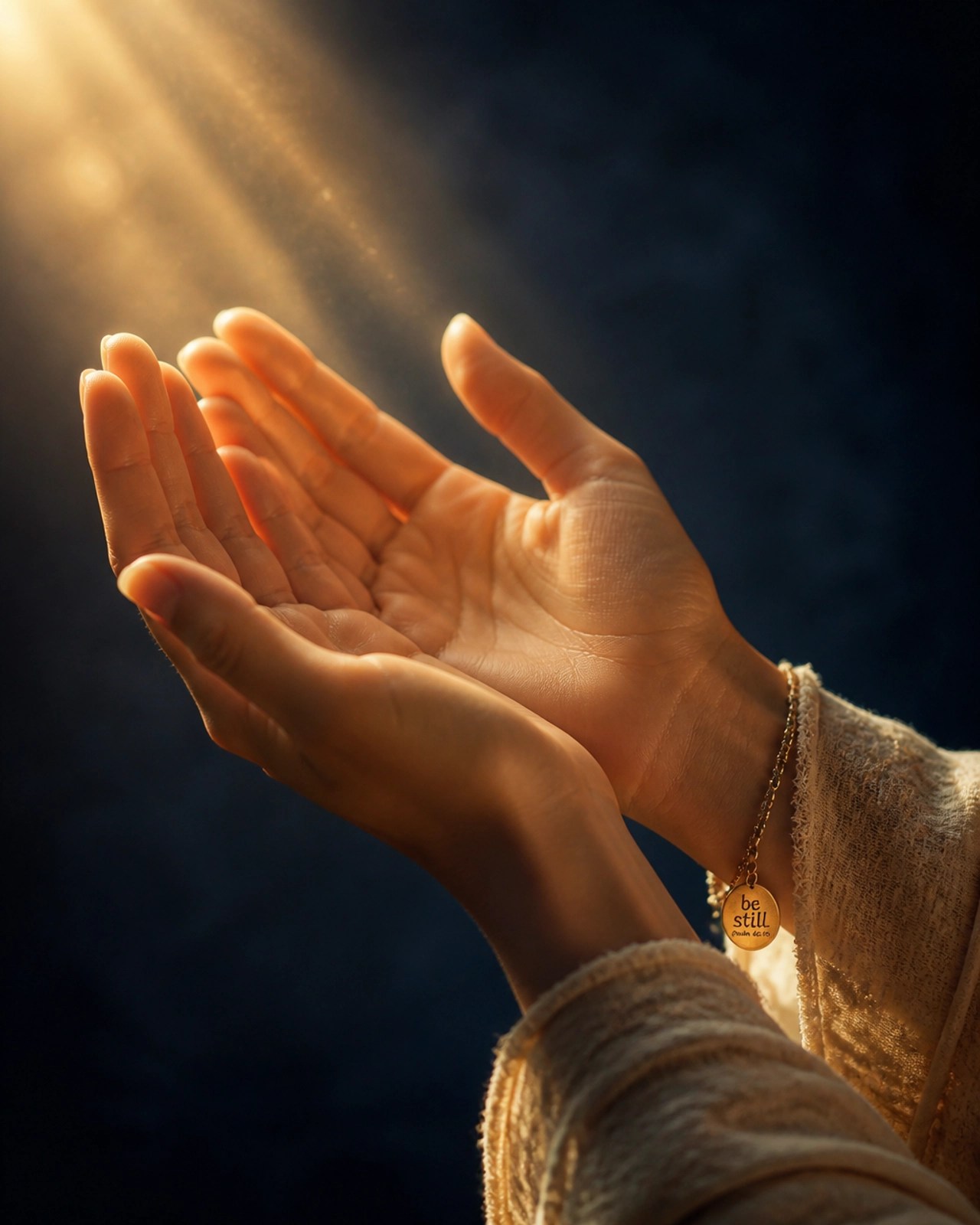 Close-up of a woman's hands held open in a posture of prayer with golden sunlight
