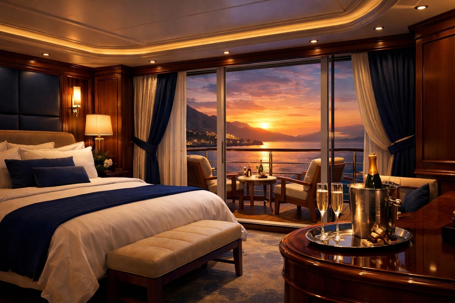Opulent Mediterranean cruise suite interior with private balcony overlooking sunset