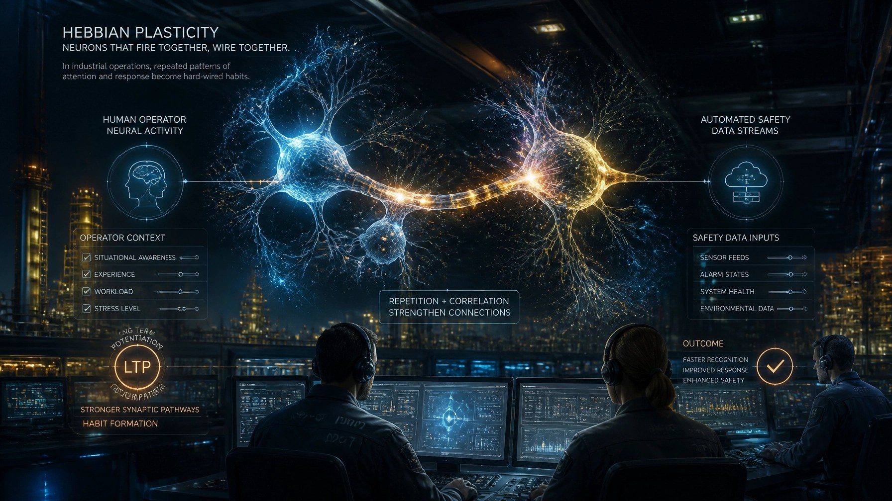 A cinematic, futuristic rendering of Hebbian plasticity in an industrial operations center
