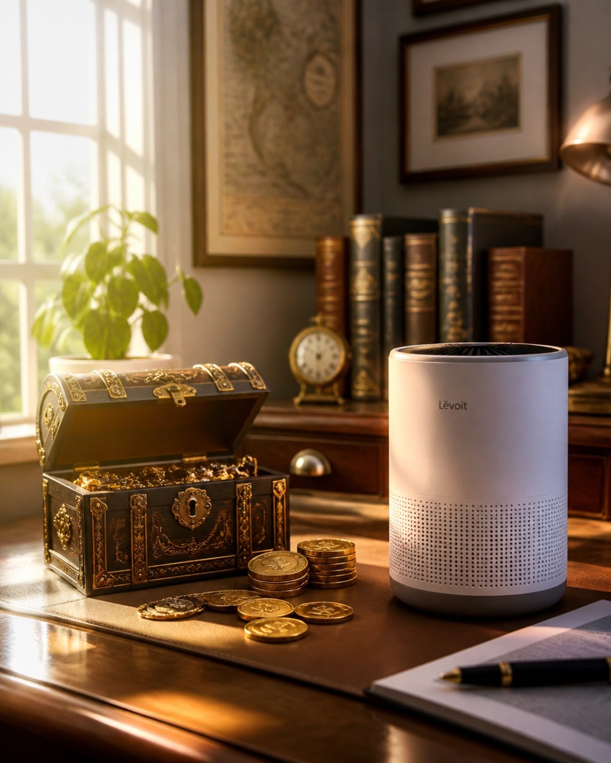 A home office setup featuring antique jewelry, gold coins, and a modern air purifier in soft morning light.