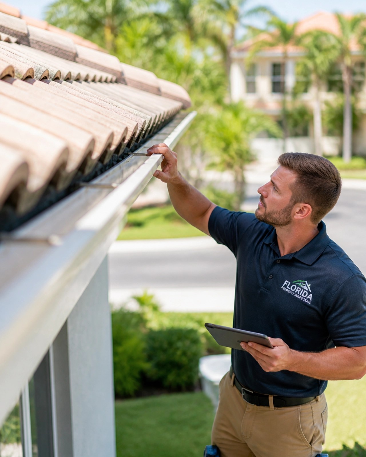 A professional property inspector examining the exterior of a Florida home