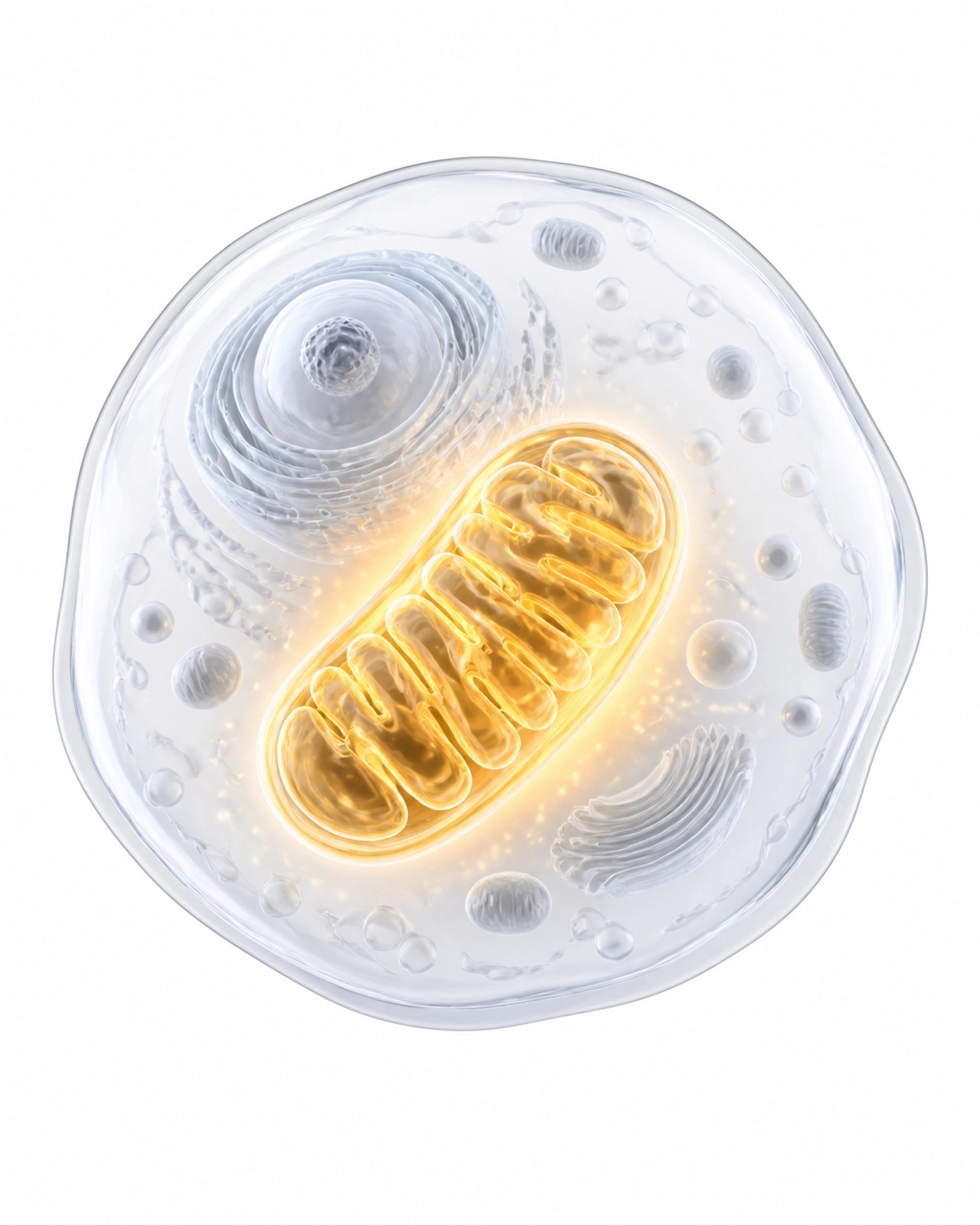 Minimalist scientific illustration of a mitochondrion glowing with energy