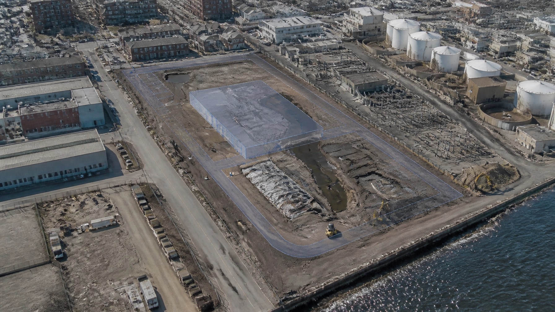 Urban New Jersey brownfield parcel with environmental investigation points and redevelopment planning overlay