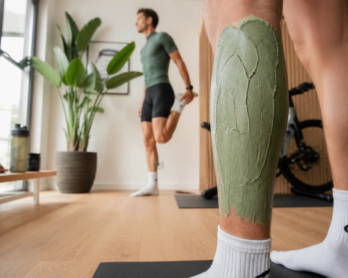 Cyclist practicing active recovery with a thick layer of Clayer on leg muscles and gentle stretching.