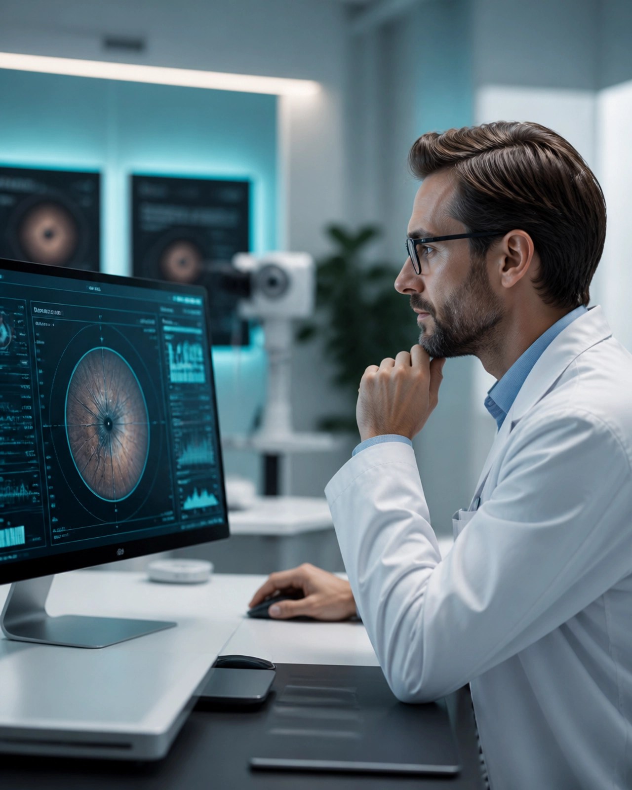 A professional male clinician reviewing high-tech digital eye scans, representing the clinical precision and technical architecture of modern eye care.