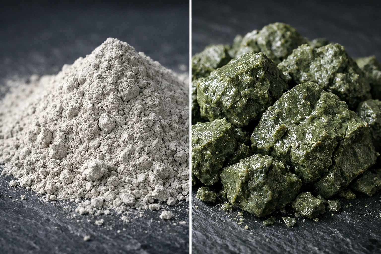 Comparison of bentonite clay powder and mineral-rich French green clay for skin detox.