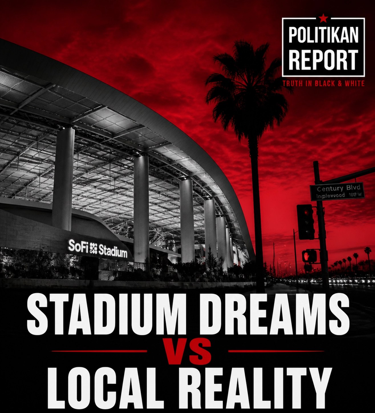 SoFi Stadium in Inglewood under a red sky, highlighting local community and entertainment impact.