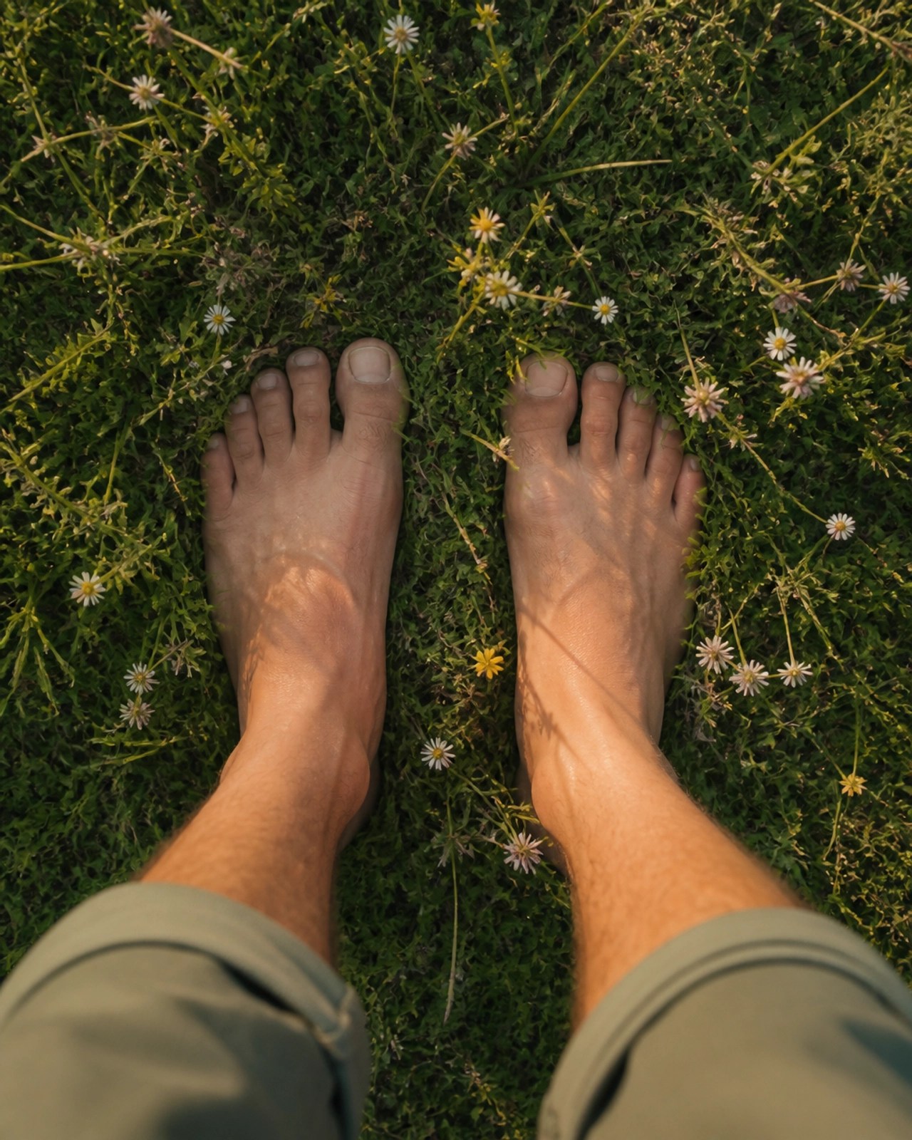 A person's bare feet firmly planted on soft green grass, symbolizing a connection to the earth.