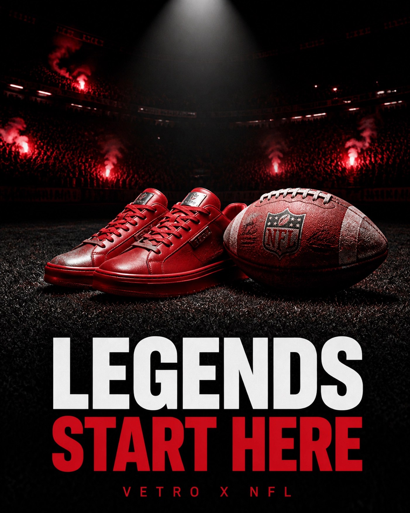 Red luxury sneakers and a football on a dark stadium field, symbolizing the intersection of pop culture and pro sports.