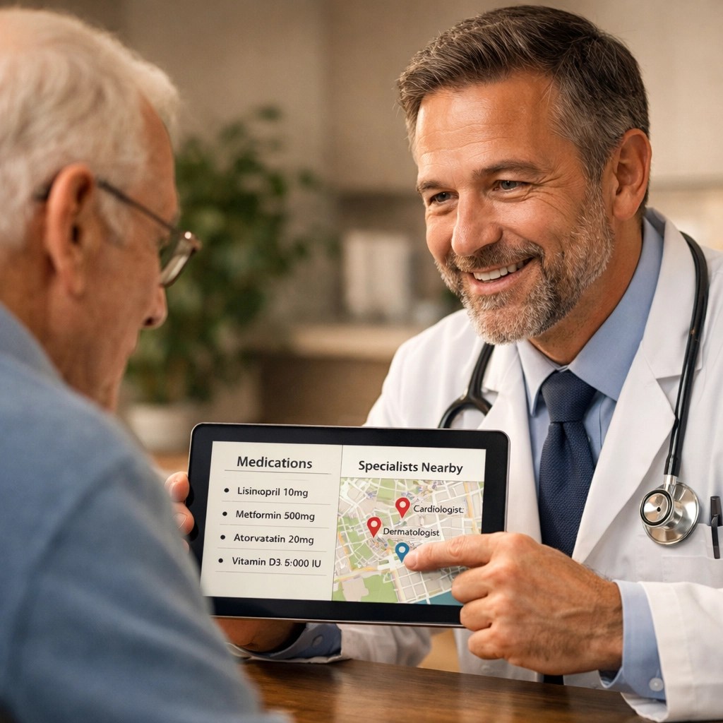 A doctor and senior patient discussing medication coverage and provider networks for 2026.