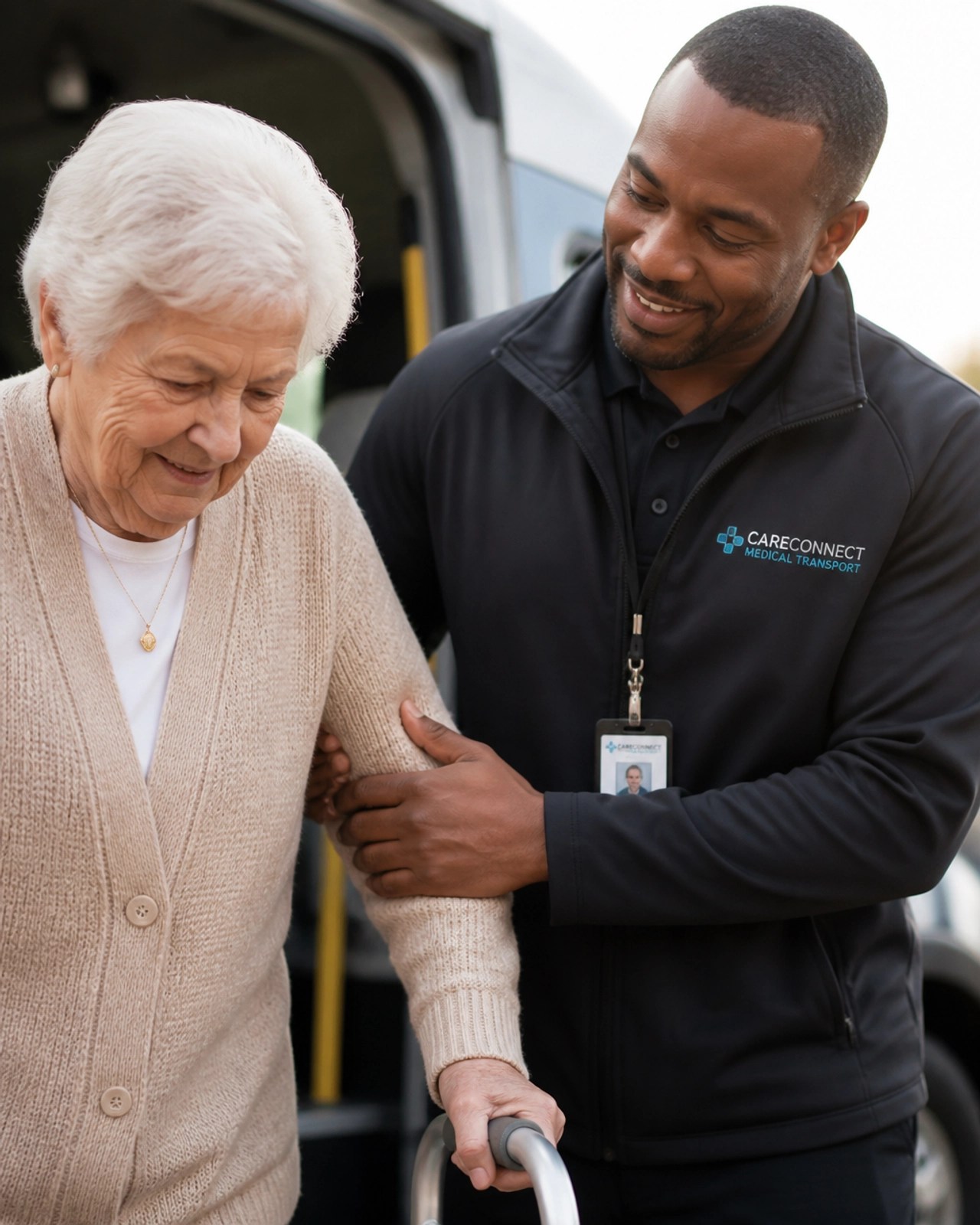 A compassionate driver assisting a patient with a walker, emphasizing the human-centered approach to reliability.