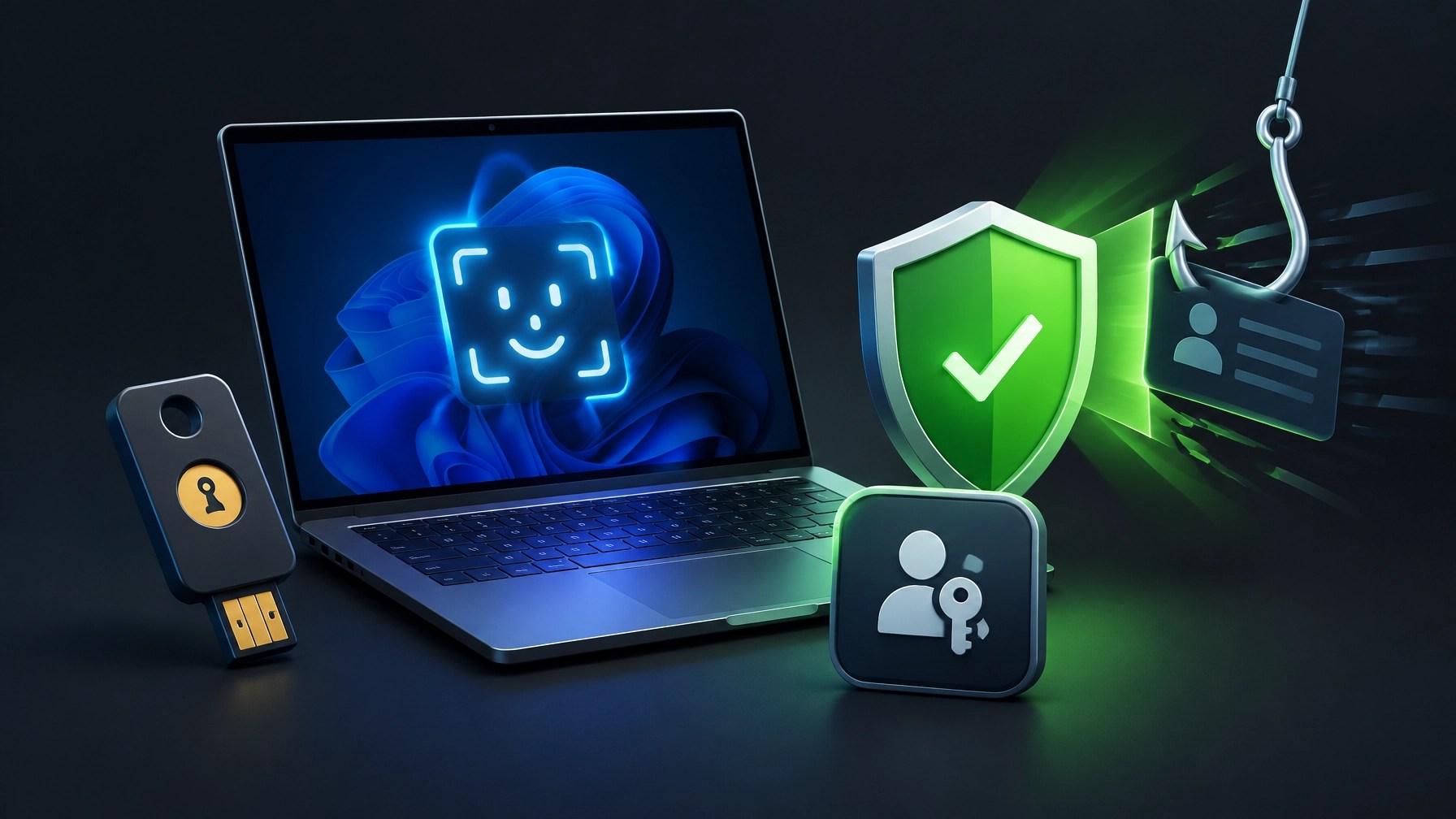 Clean 3D cybersecurity illustration showing Windows Hello, a FIDO2 security key, a passkey symbol, and a shield blocking a phishing hook