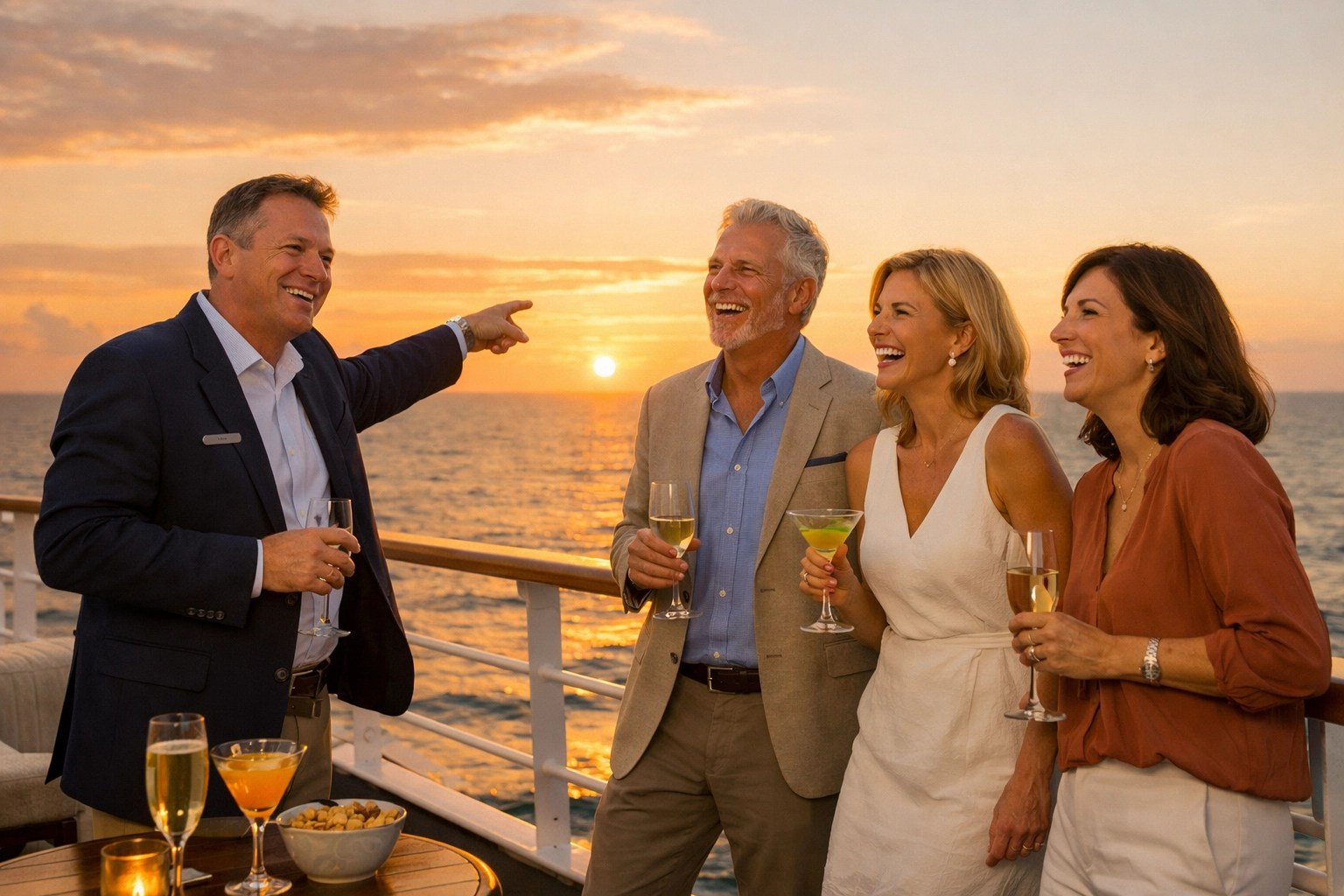Travelers enjoying a hosted sailing cocktail hour at sunset, an exclusive Signature Collection benefit.