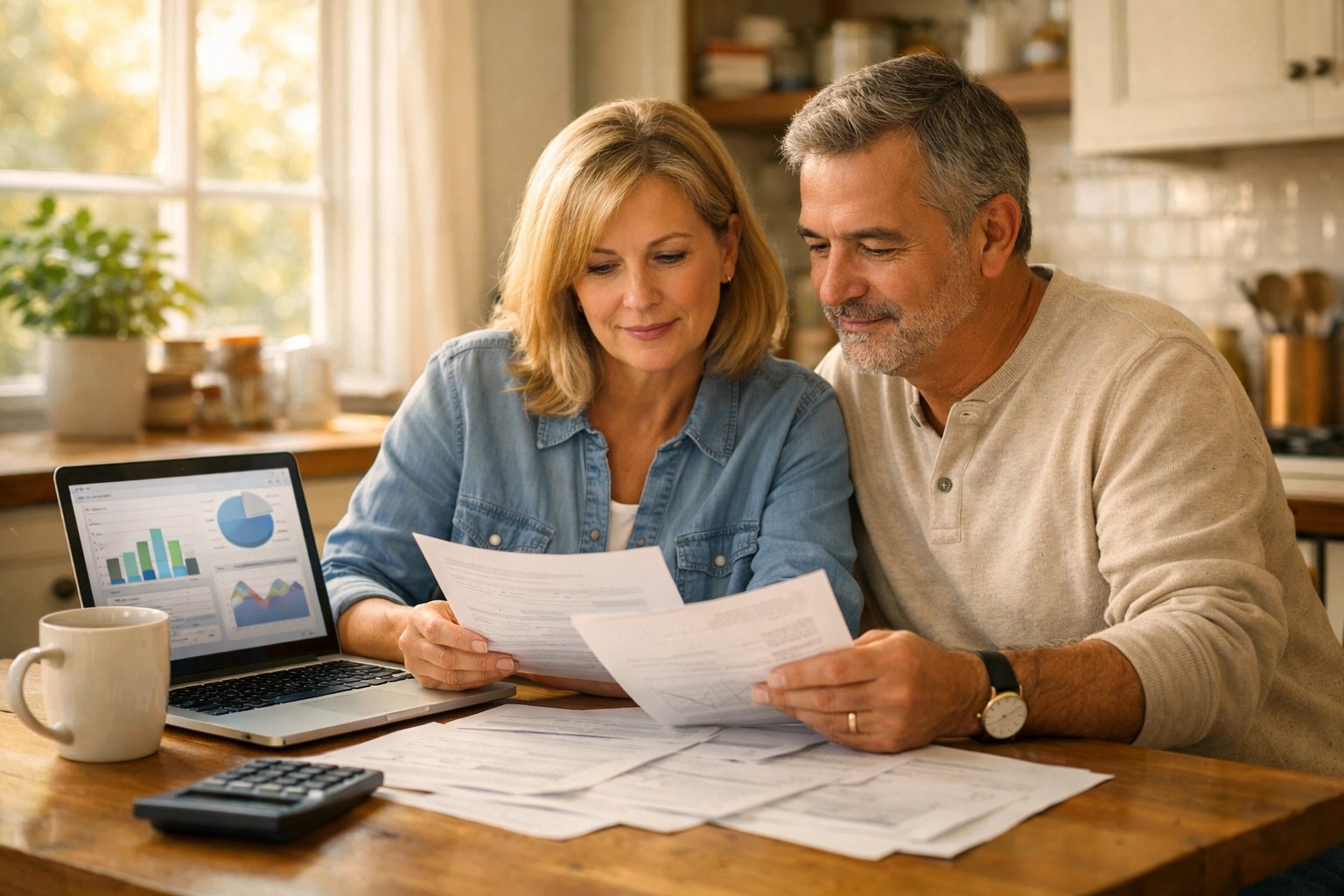 Couple reviewing life insurance policy options and financial planning documents at home
