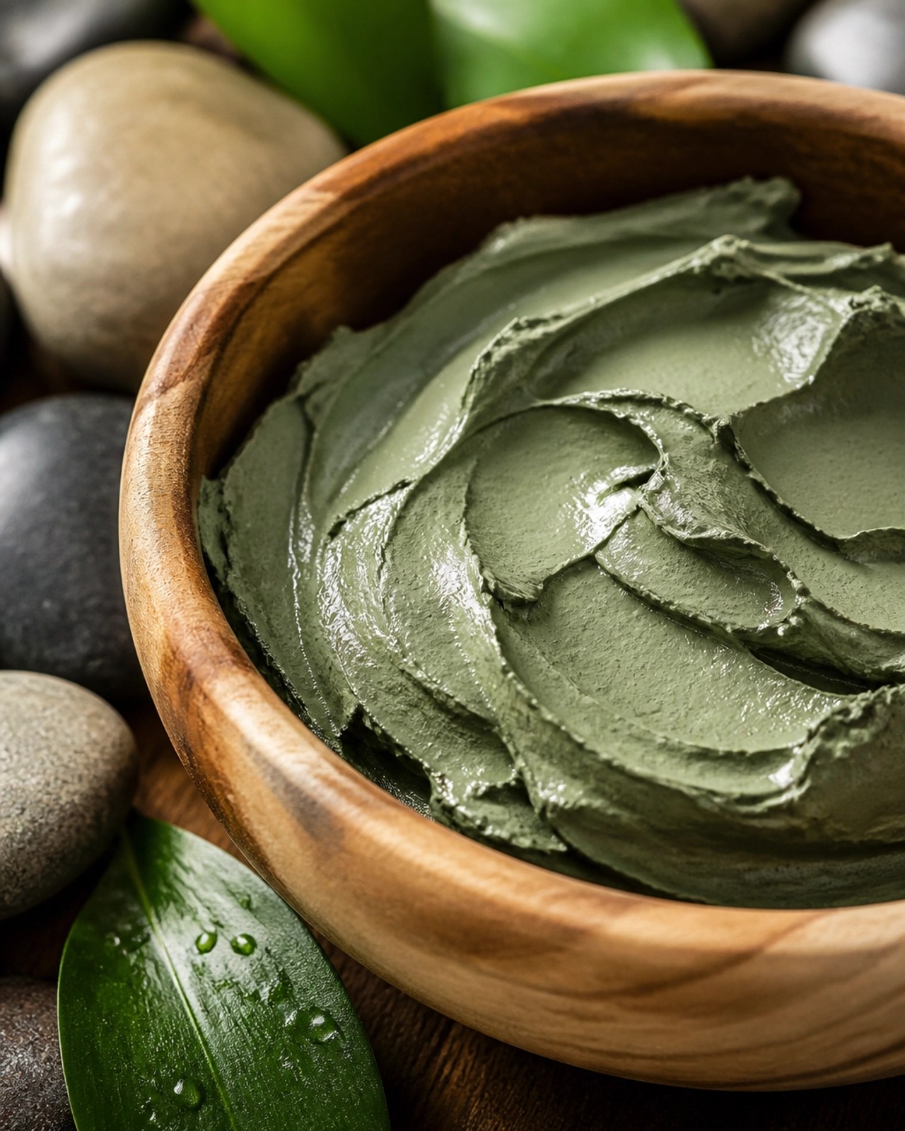 Close-up of smooth, rich French green clay in a natural wooden bowl
