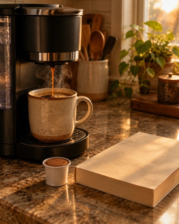 A warm, softly lit coffee-and-reading still life with a book, a mug, and the calm mood of an early morning