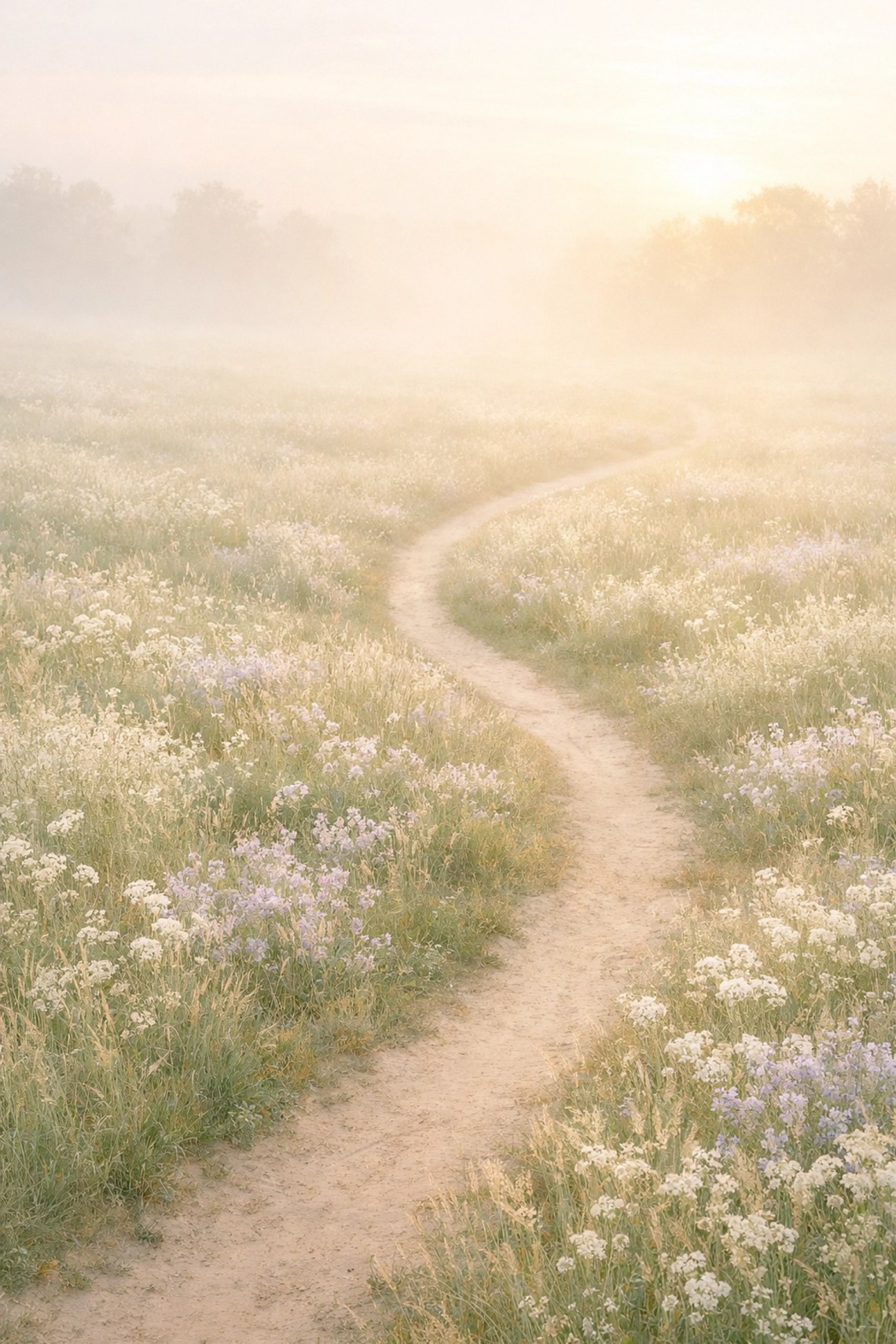 Walking with God: Finding Grace in the Quiet, Organic Moments of Nature 6 A peaceful winding dirt path through a wildflower meadow at sunrise, symbolizing walking with God in grace.
