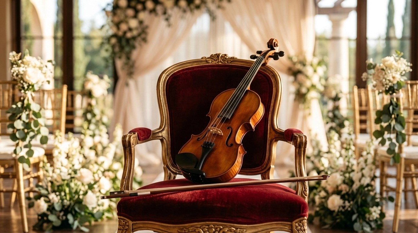 A polished wooden violin rests on an elegant white velvet chair at a luxury wedding venue, with a blurred floral arch in the background.