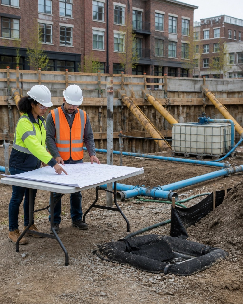 Civil and environmental engineers reviewing excavation, dewatering, and stormwater controls at a Newark redevelopment site
