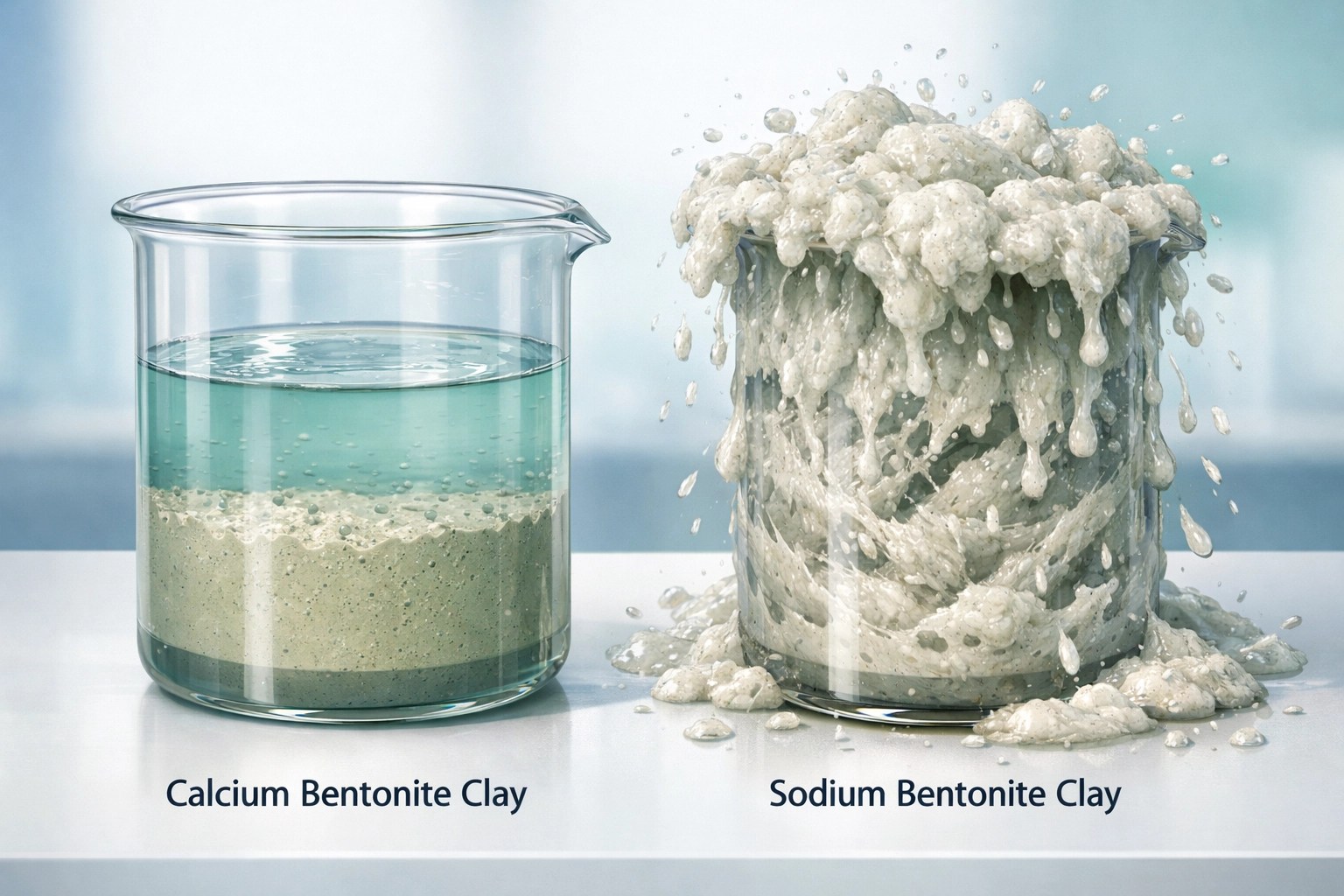 Calcium bentonite vs sodium bentonite swelling comparison showing safer expansion for internal use