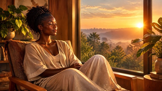 A Black woman sits in quiet meditation as warm morning light enters through a window