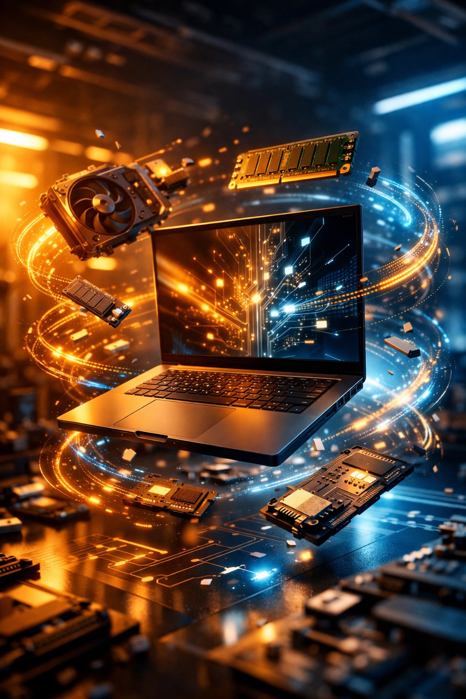 Refurbished laptop being transformed with high-quality hardware upgrades and a rigorous testing process.