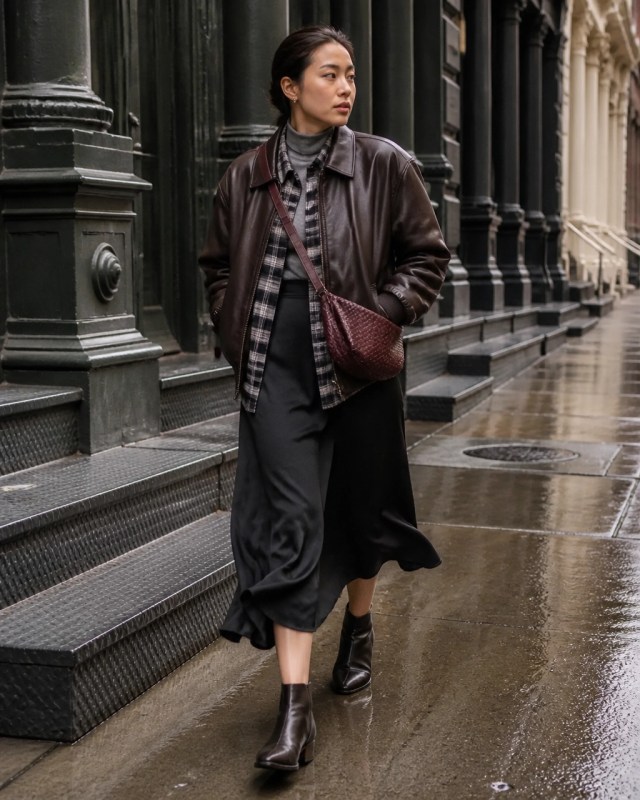 Adult model in a dark leather bomber, plaid shirt and ankle boots in SoHo