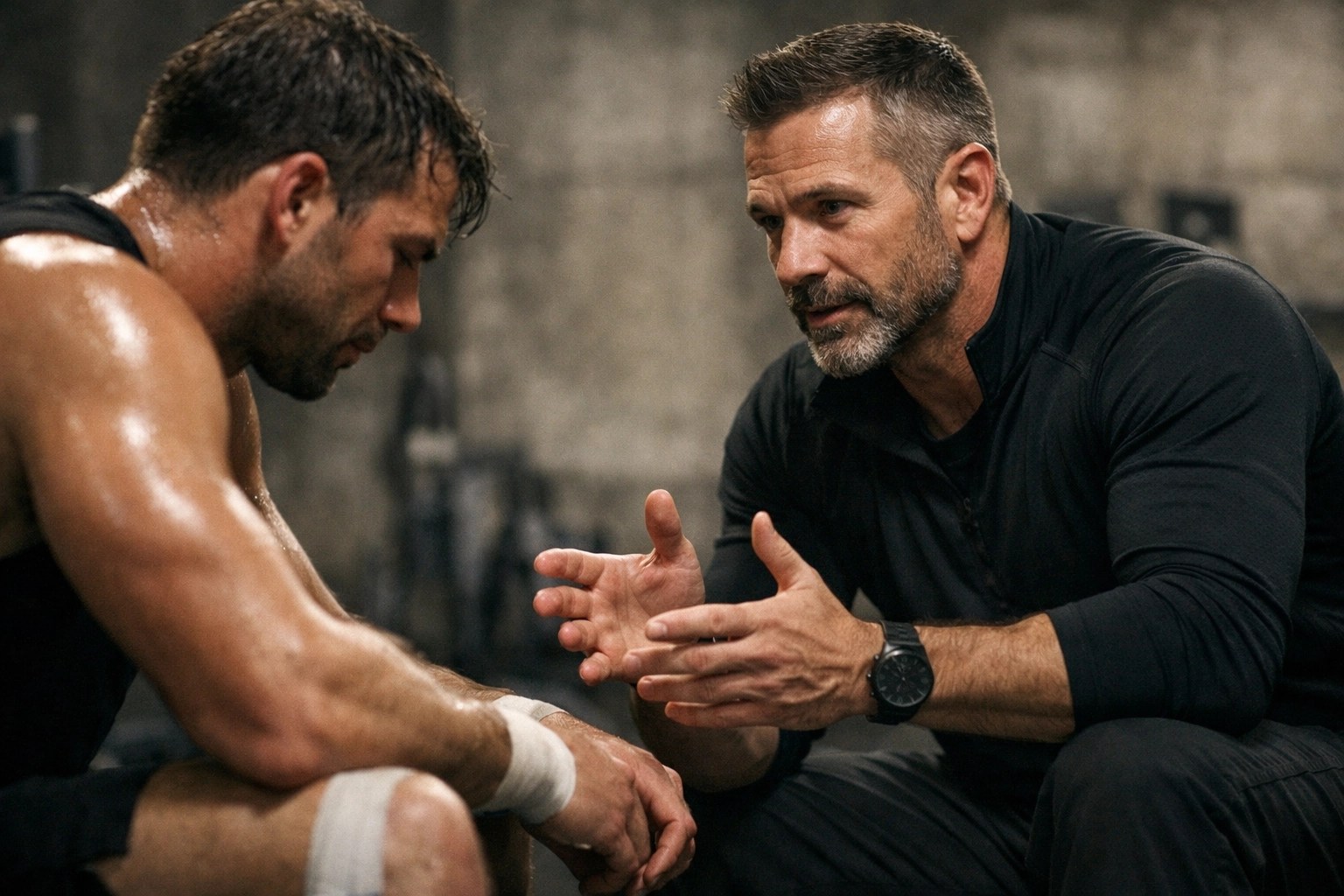 Sports consultant Tibs Parise discussing natural pain relief and recovery protocols with a professional athlete.