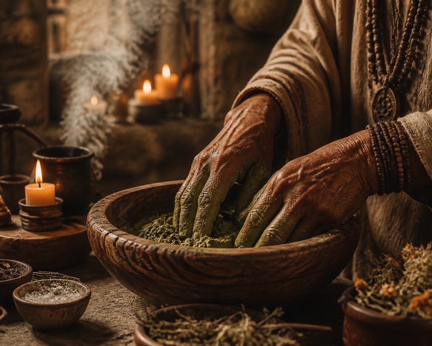 Mixing green clay in a wooden bowl, illustrating the traditional preparation of natural earth remedies.