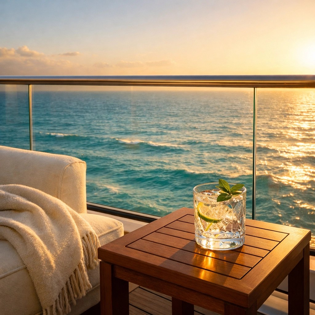Private luxury cruise suite balcony with an ocean view and lounge chair for a relaxing senior escape.