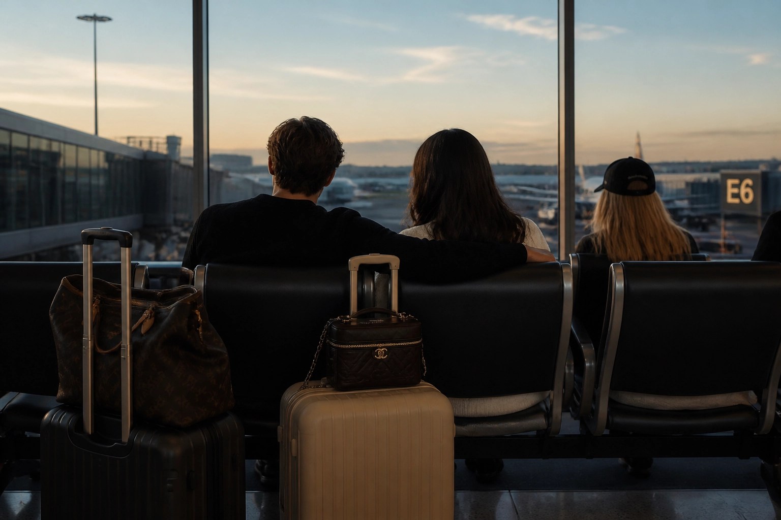 Friends sitting at an airport gate with luggage, shown from behind with no visible faces.