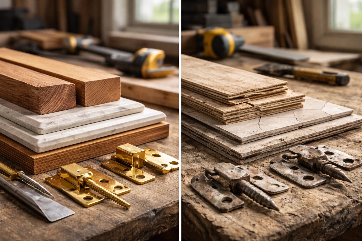 Side-by-side comparison of quality construction materials versus cheap alternatives on a workbench