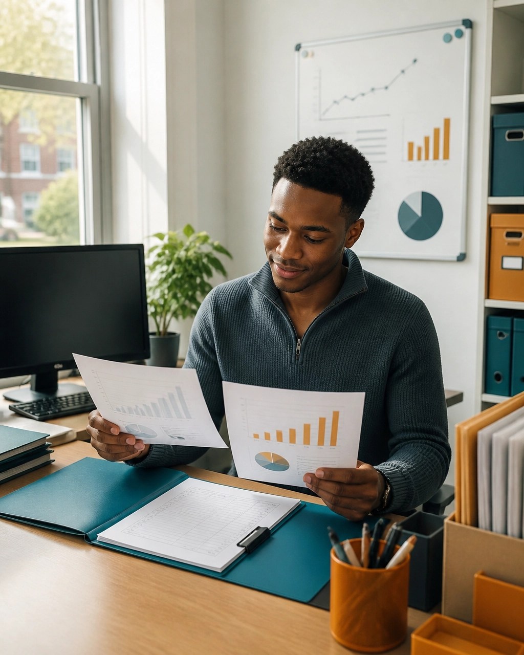 Student worker comparing records and progress metrics in a campus office