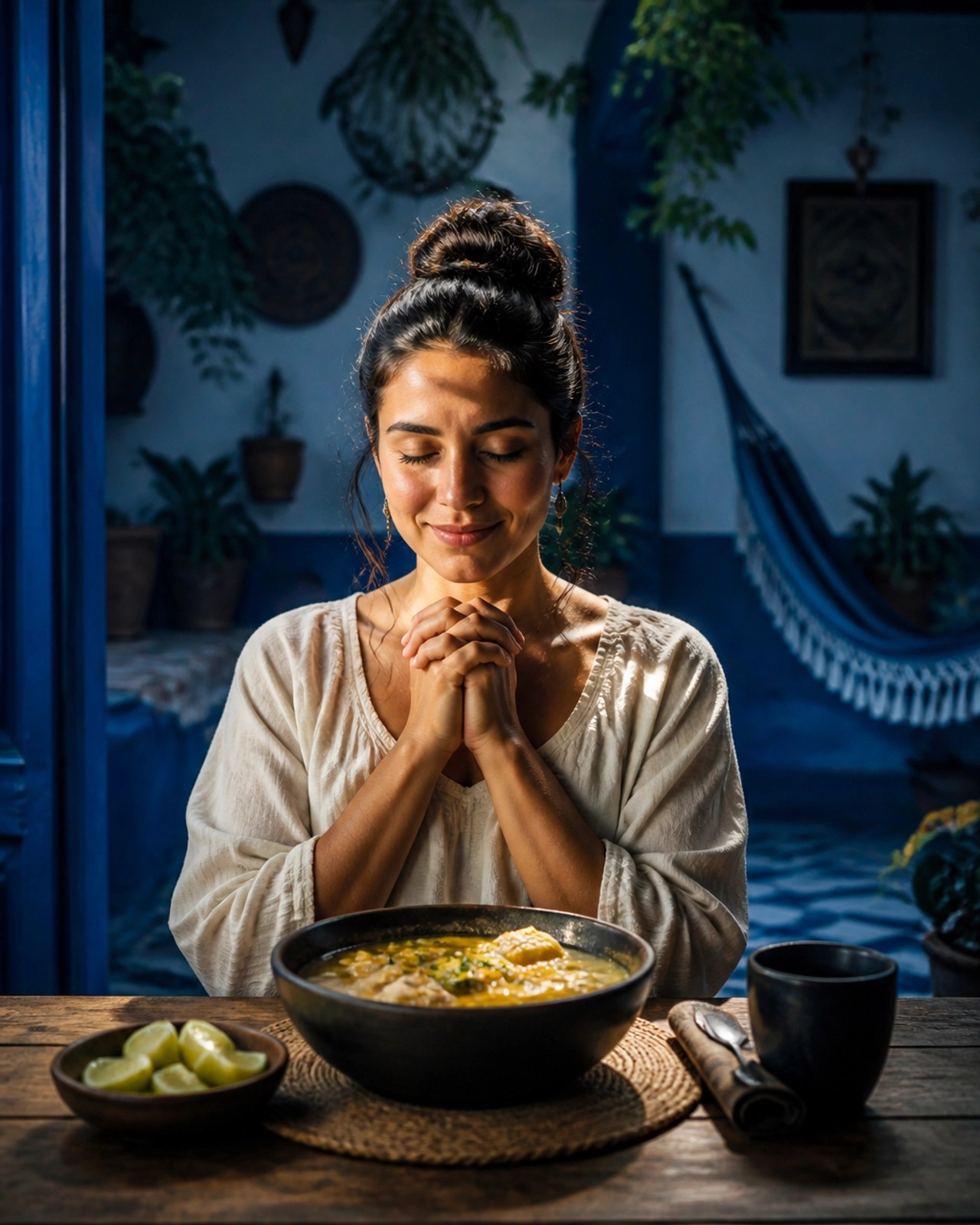 Persona disfrutando de una comida en un entorno sereno y consciente en Colombia