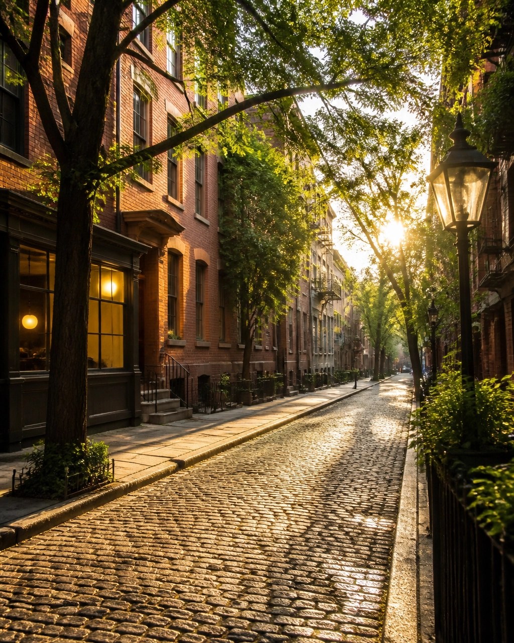 Warm, quiet West Village street with historic brownstones and glowing cafe windows