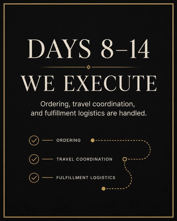 Carousel card explaining Days 8–14 execution, including ordering, travel coordination, and fulfillment logistics.