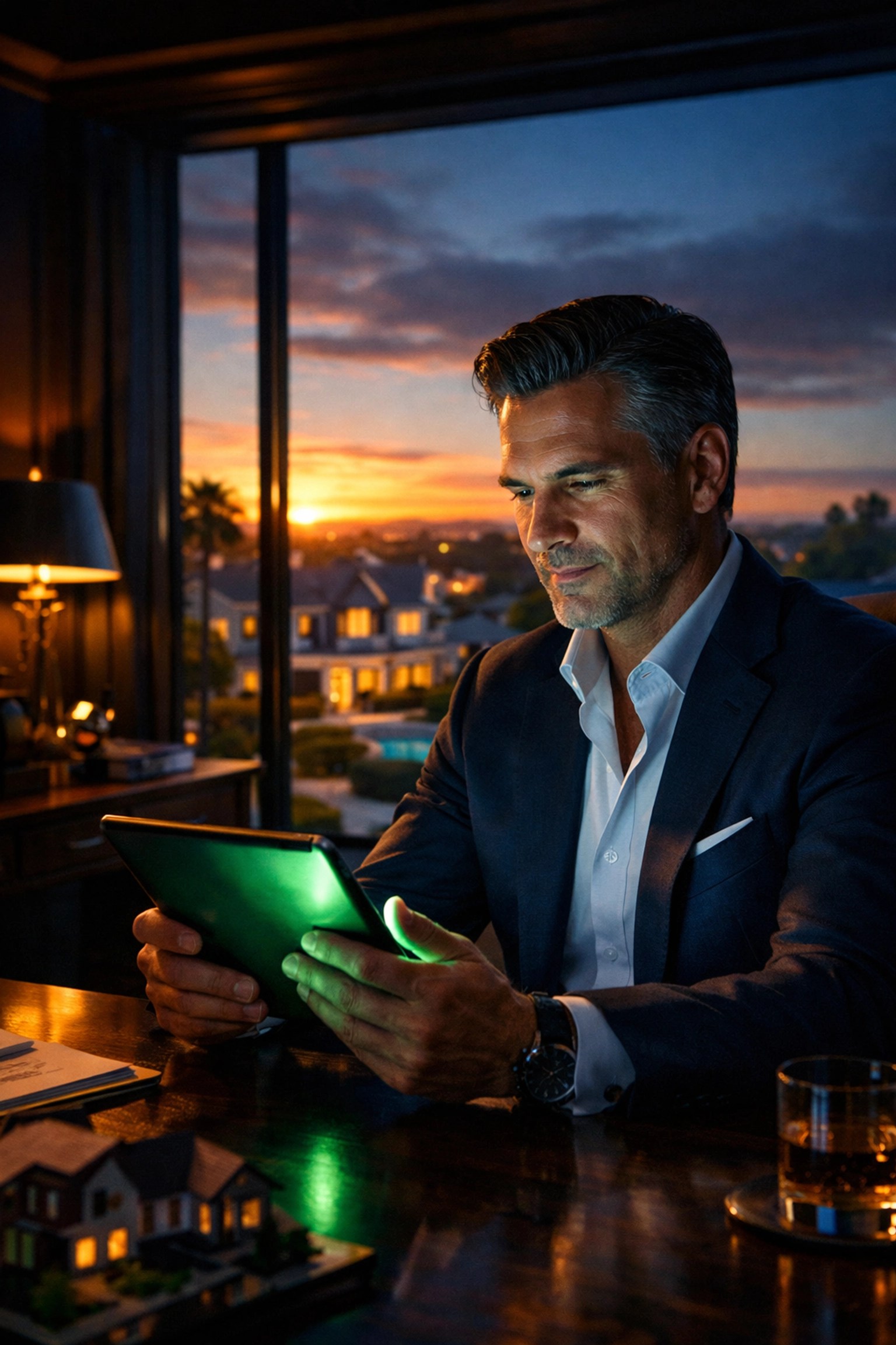 Successful real estate investor preparing an investor ready loan submission package on a tablet.