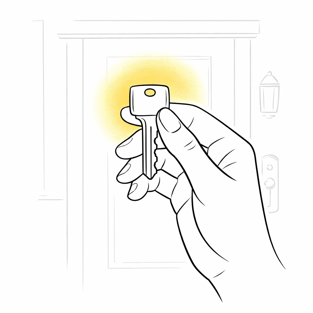Hand holding a new house key in front of a doorway, symbolizing the completion of a custom dream home.