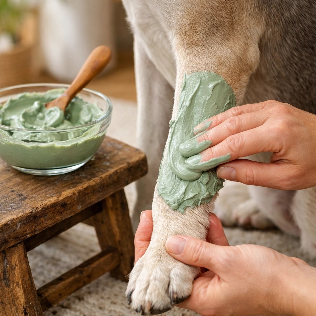 Applying a natural green clay paste to a dog's leg to treat hot spots and skin irritation.