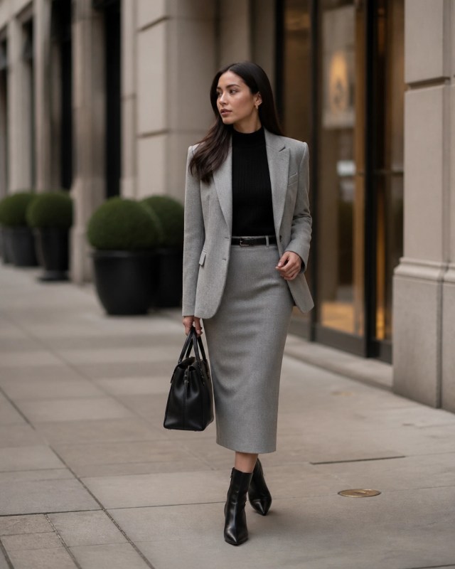 Monochrome gray skirt suit styled for Madison Avenue fall dressing